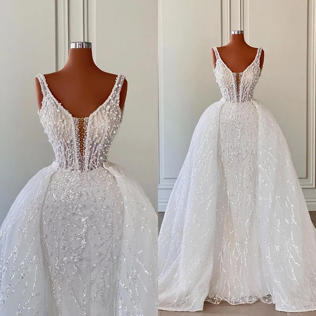 2023 Mermaid Wedding Jurken Bruiadaal Jurk Spaghetti -riemen met afneembare trein kanten applique kralen op maat gemaakte strandland plus maat Vestido de novia