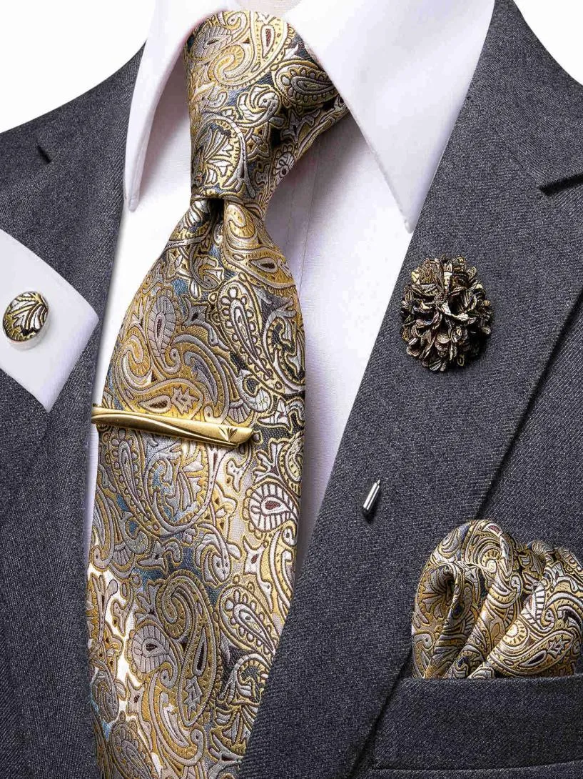 HiTie Yellow Brown Paisley Tie For Men Silk Men039s Tie Clip Gift For Men Luxury Necktie Hanky Cufflinks Set Formal Wedding H17839094