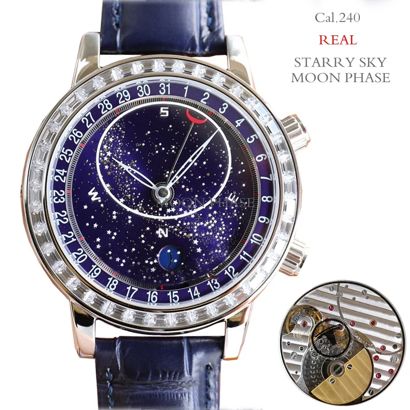 Montres de luxe pour hommes avec diamant ciel étoilé montre 44mm 11mm Cal.240 Pearl mouvement automatique mécanique ultra-mince saphir lumineux bracelet en cuir véritable Sync