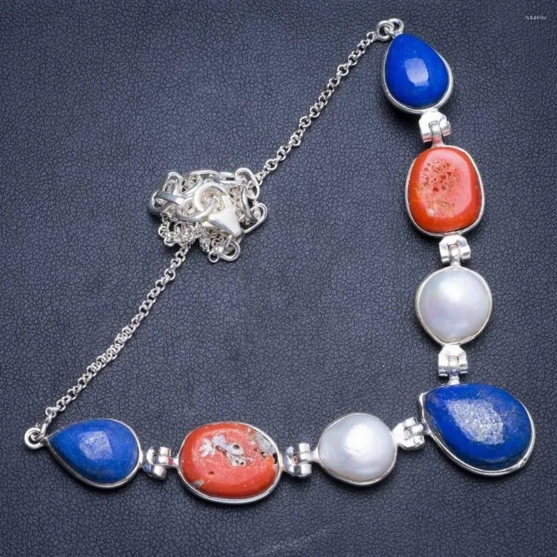 Collier en argent sterling 925 avec chaînes de corail rouge naturel, lapis-lazuli et perle de rivière15,5 1,75 "Y5372