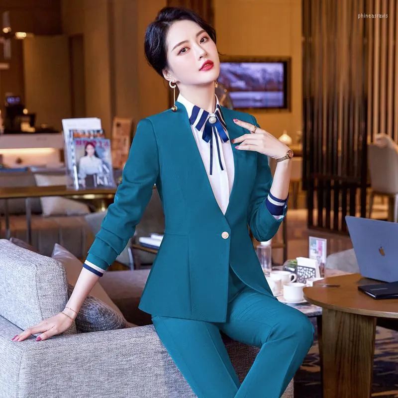 Womens Two Piece Pants Formal Ladies Blazer Women Pant Suits Business Work  Jacket Office Uniform OL Style Pantsuits Navy Blue From Phineasravis,  $32.87