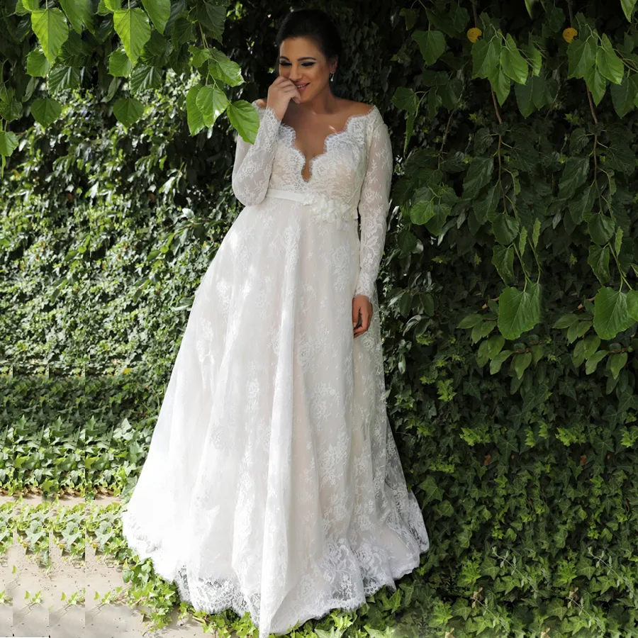 Robes De Mariée En Dentelle Pas Cher Plus La Taille Robe De Novia Sexy Col En V Manches Longues Illusion Robe De Mariée En Dentelle Pour La Mariée