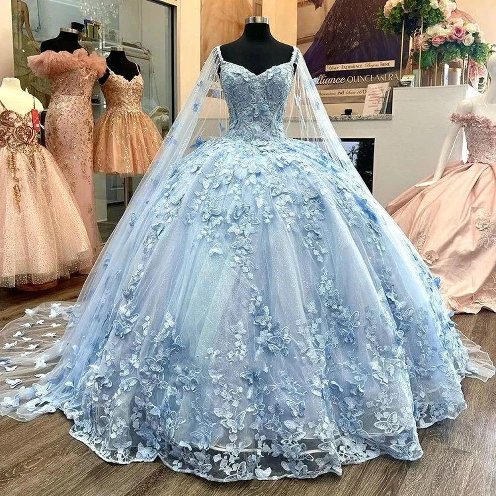 Sky Blue 3D Butterfly Lace Quinceanera Dresses Ball Gown With Cape  Spaghetti Strap Crystal Sweet 15 Vestidos De XV Anos Prom Gowns Elegant  Princess