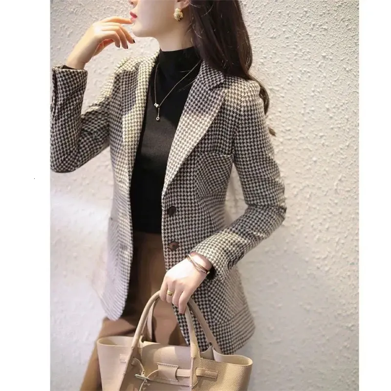 Abiti da donna Blazer Giacca di lana pied de poule Giacche temperamento slim medio-lunghe Donna Biazer Femme Elegante Mujer Blousers 790 221117