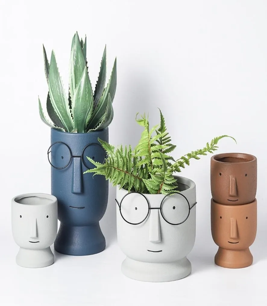 Nordic Style Ceramic Decorative Flower Creative Art Human Face Succulent Cactus Planter Pot With Hole Gardening Accessories