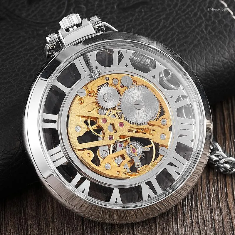 Montres de poche en argent, montre mécanique transparente Unique, grand chiffre romain creux, collier Steampunk Vintage à remontage manuel pour hommes