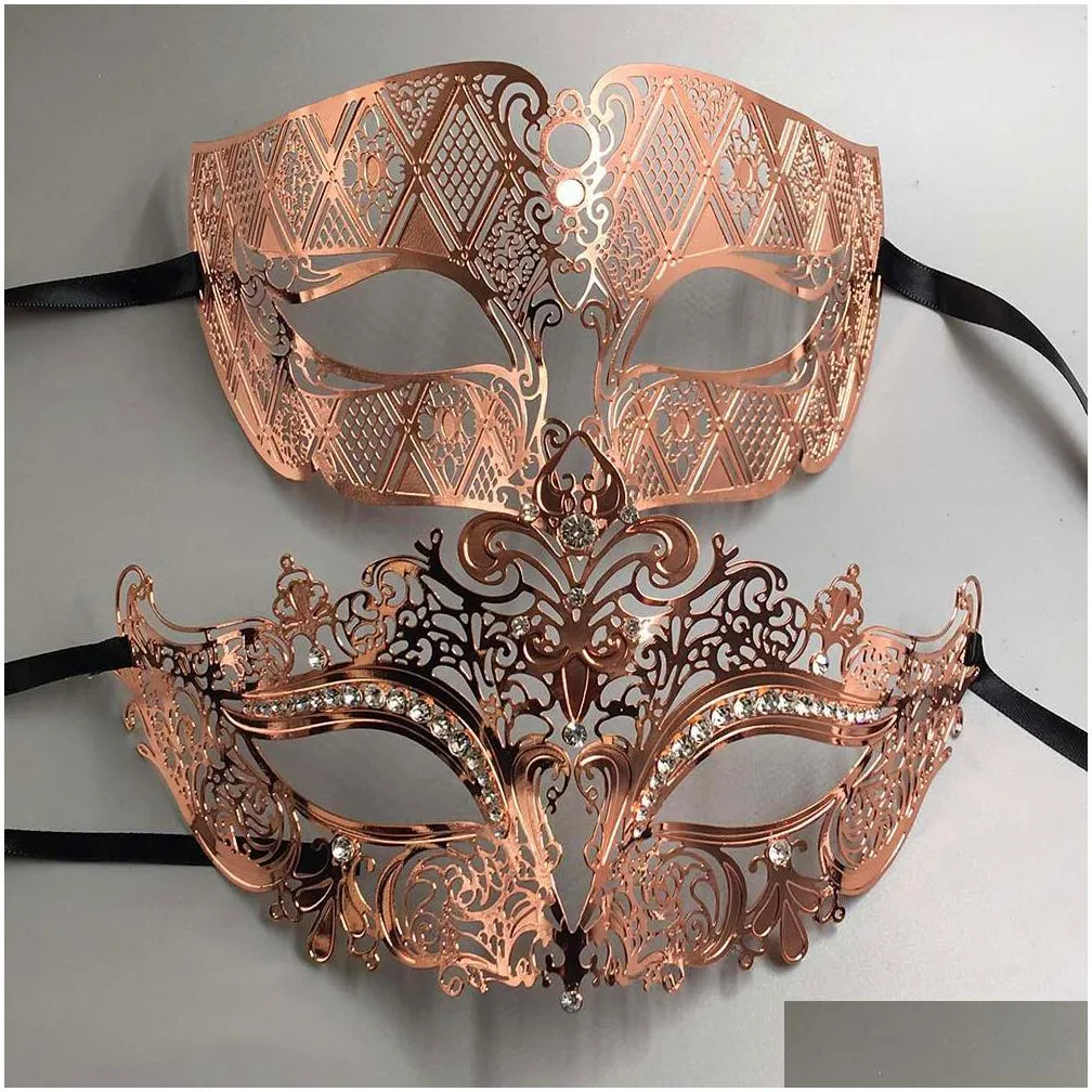 rose gold women men couple pair lover made of light metal laser cut filigree venetian mardi gras masquerade ball prom masks set