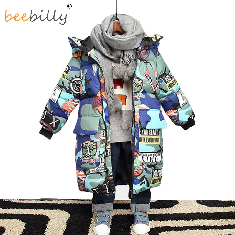 Piumino per ragazzi Giacche invernali con cappuccio di marca Graffiti Camouflage Parka per adolescenti Ragazzi Cappotto lungo spesso Abbigliamento per bambini 221118