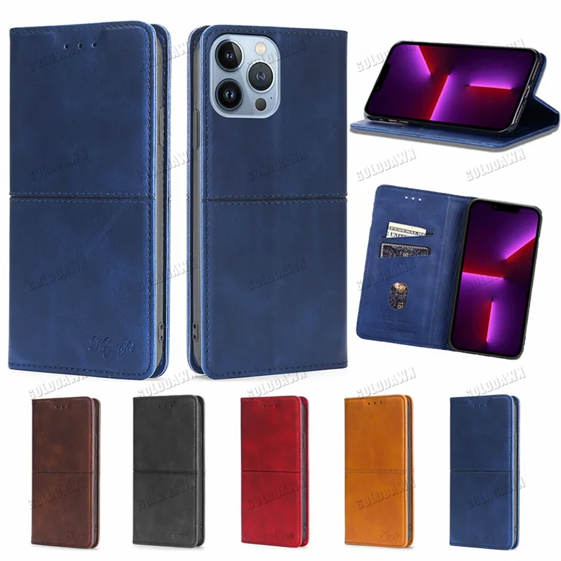 Premium Business Pu Leather Mobile Falls Card Flip Phone Cover f￶r iPhone 14 Plus 13 12 11 Pro XS Max XR Samsung S22 Ultra