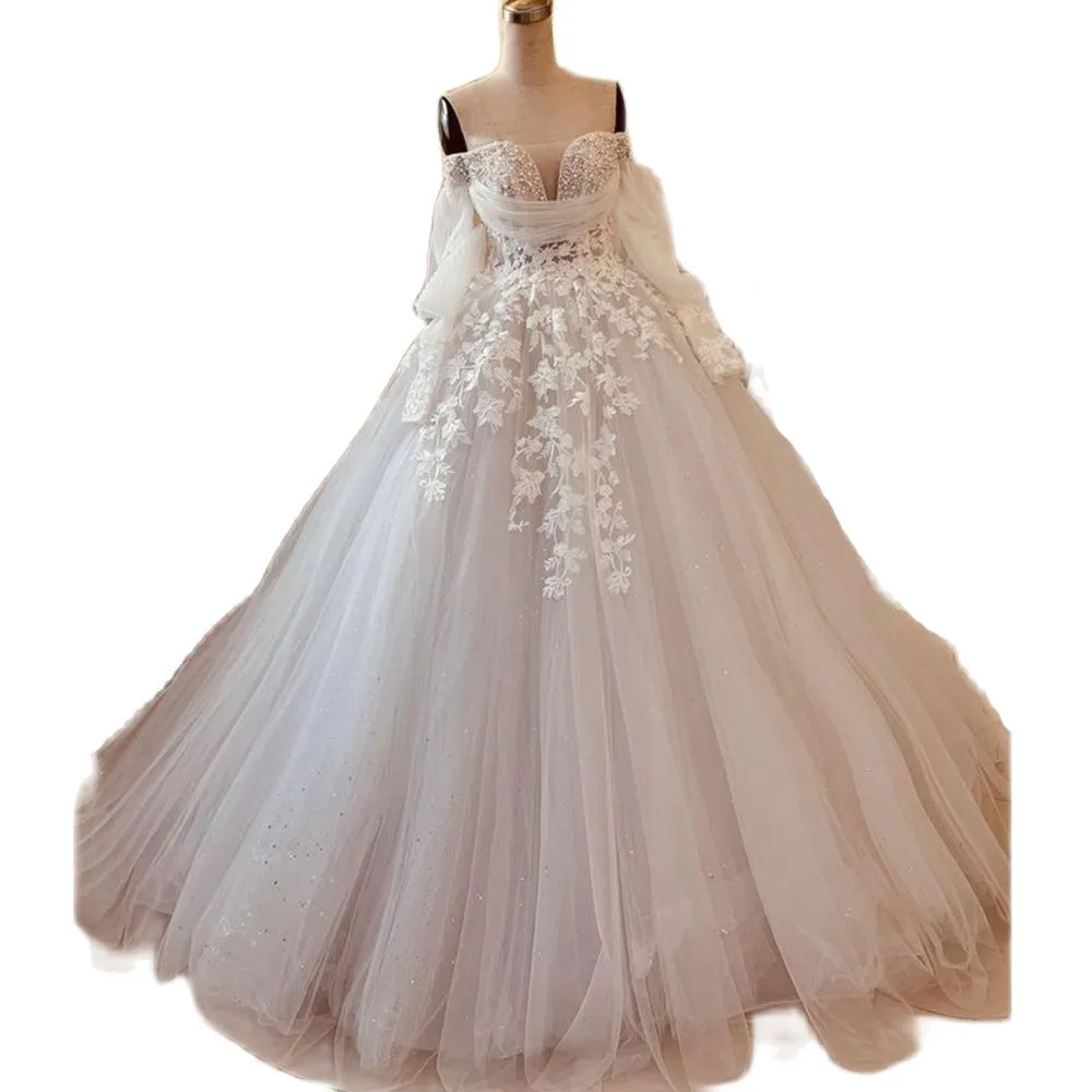 Elegant Off The Shoulder Ball Gown Wedding Bridal Dresses Long Sleeve Pearls Church Vestido De Noiva Sparkly Sequin Skirt Mariage