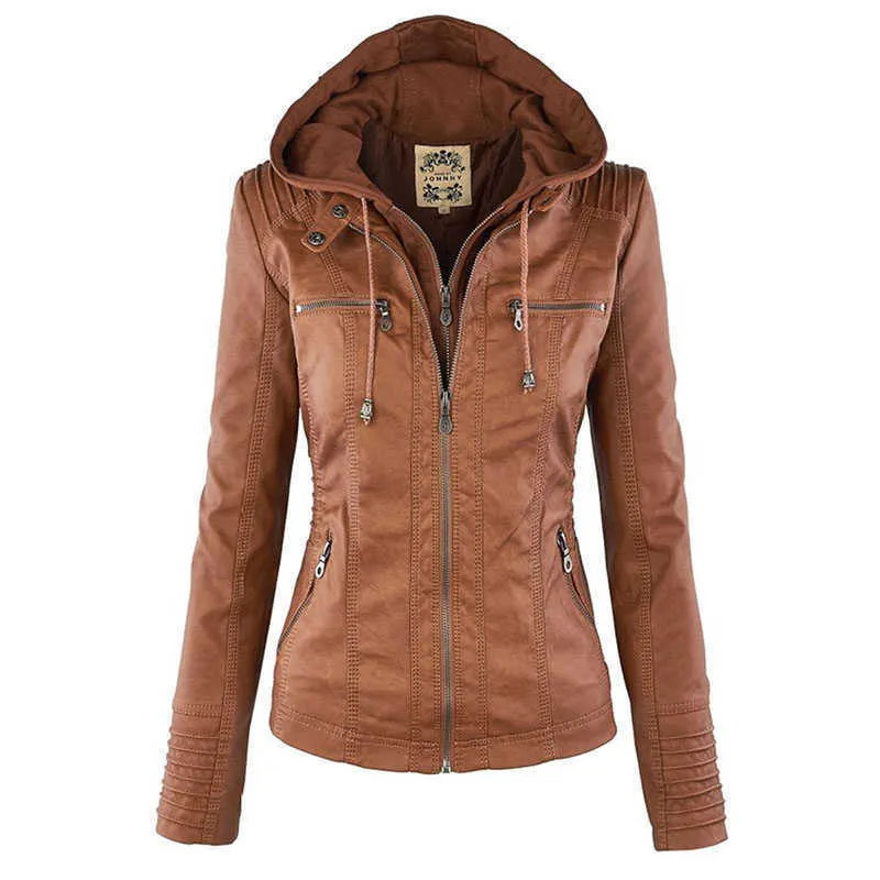 Chaquetas de mujer Chaqueta de cuero de imitación gótica Mujeres 2019 Caqui Chaqueta de motocicleta de invierno Sudaderas con capucha Ropa exterior de cuero de imitación PU Chaqueta básica Abrigo T221105