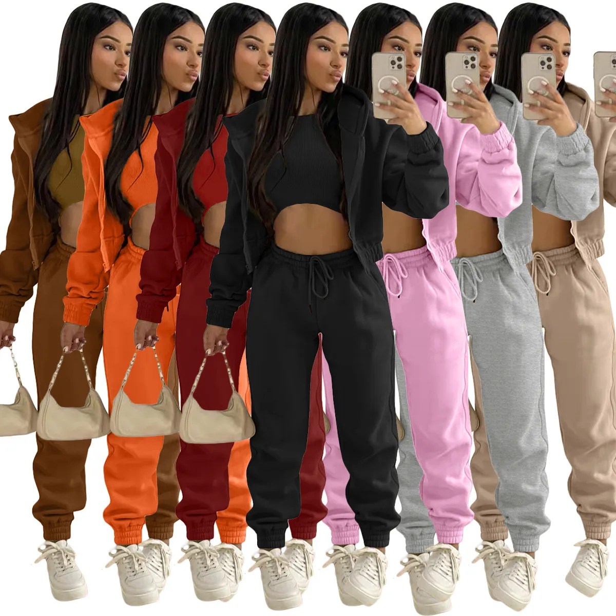 Hoodie and Vest Pants Set 3Pcs Set Wear Outfits Women Casual Sport Suits Tracksuits Free Ship