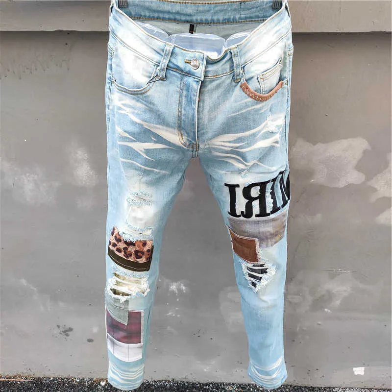 2022 جديدة للتطريز المرقور العلامة التجارية جينز الرجال High Street New Blue Stretch Slim Fit Fit Big Size Designer Jeans Mens