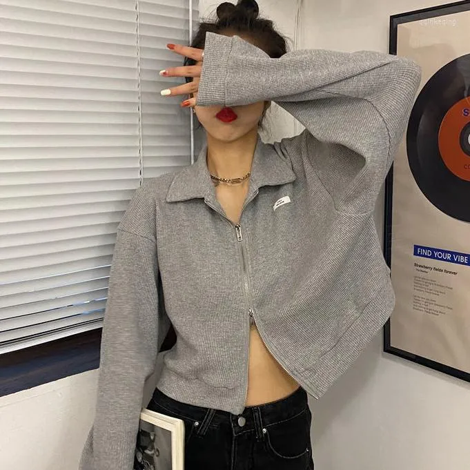 Kvinnors hoodies tr￶jor Kvinnor Turned Collar Zipper beskuren Casual All-Match Korean Streetwear Harajuku Solid Pullover Vintage Cozy