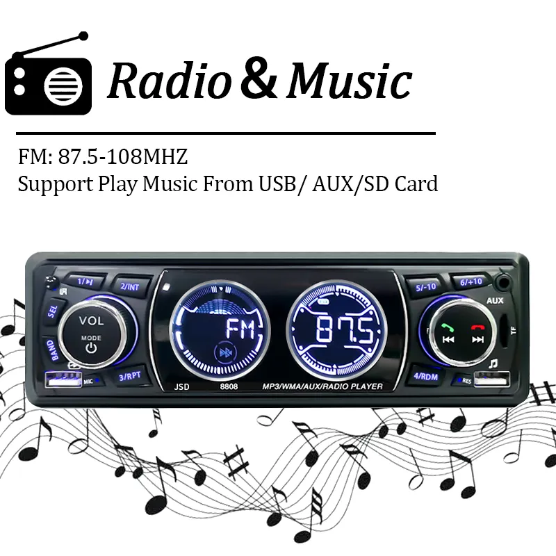 Car Radio Audio 1din Bluetooth Stereo MP3 Player FM Receiver 60Wx4 Auto Support Phone Charging AUX/USB/TF Card In Dash Kit