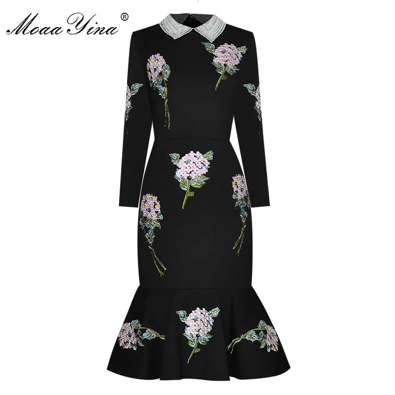 Casual Dresses MoaaYina Autumn Women Dress Beaded turn-down collar Rose Embroidery drilling Black Slim Package hip Elegant Mermaid 221117