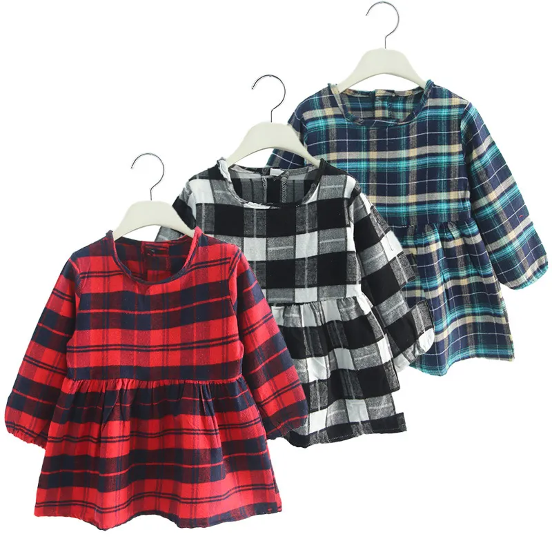 Robes de petite fille jupes à plaid à manches longues printemps