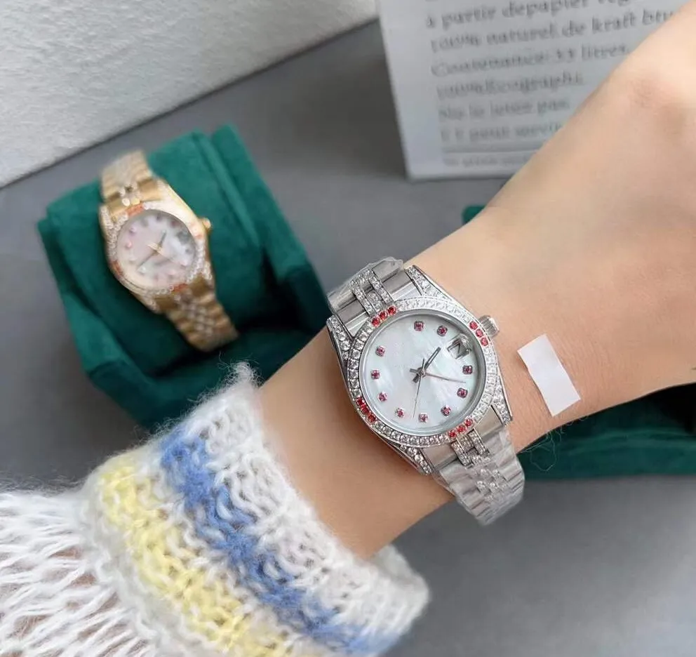 Luxury Women Red Gemstone Quartz Wristwatch Geometric Square Diamond Calendar Watch White Mother of Pearl Watches Shell Dial Stainless Steel Zircon Strap Clock
