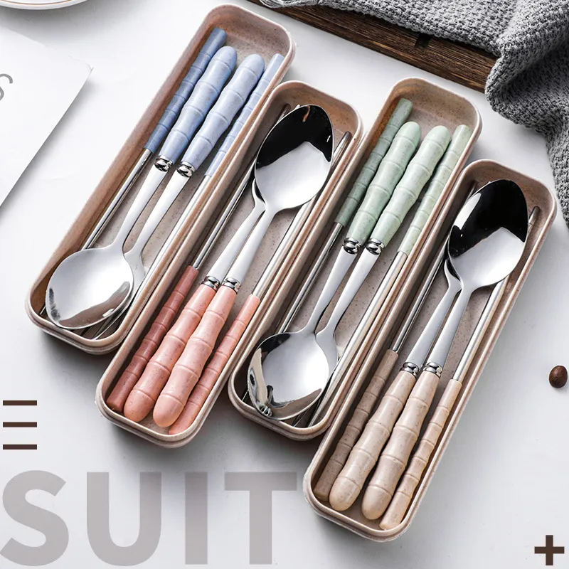 Wheat Straw Stainless Steel Cutlery Set Portable Chopsticks Knife Spoon Tableware with Storage Box for Picnic Camping