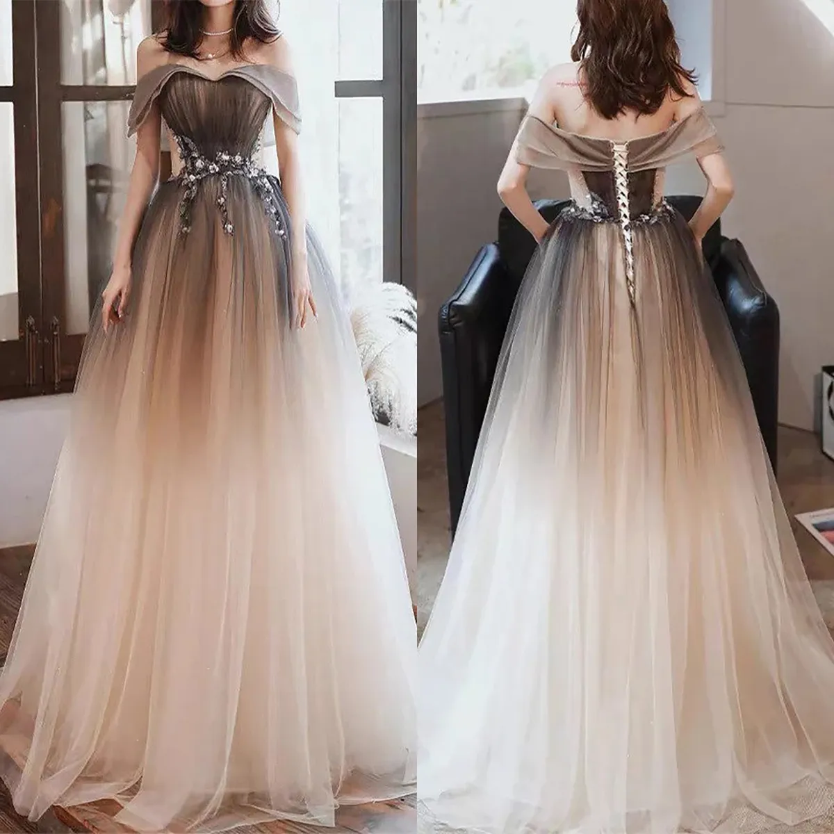 Luxuriant prom-jurken A-lijn lieverd off-the-schouder Backless uniek ontwerp multicolor veter bodem lengte op maat gemaakte plus size prinses gewaden