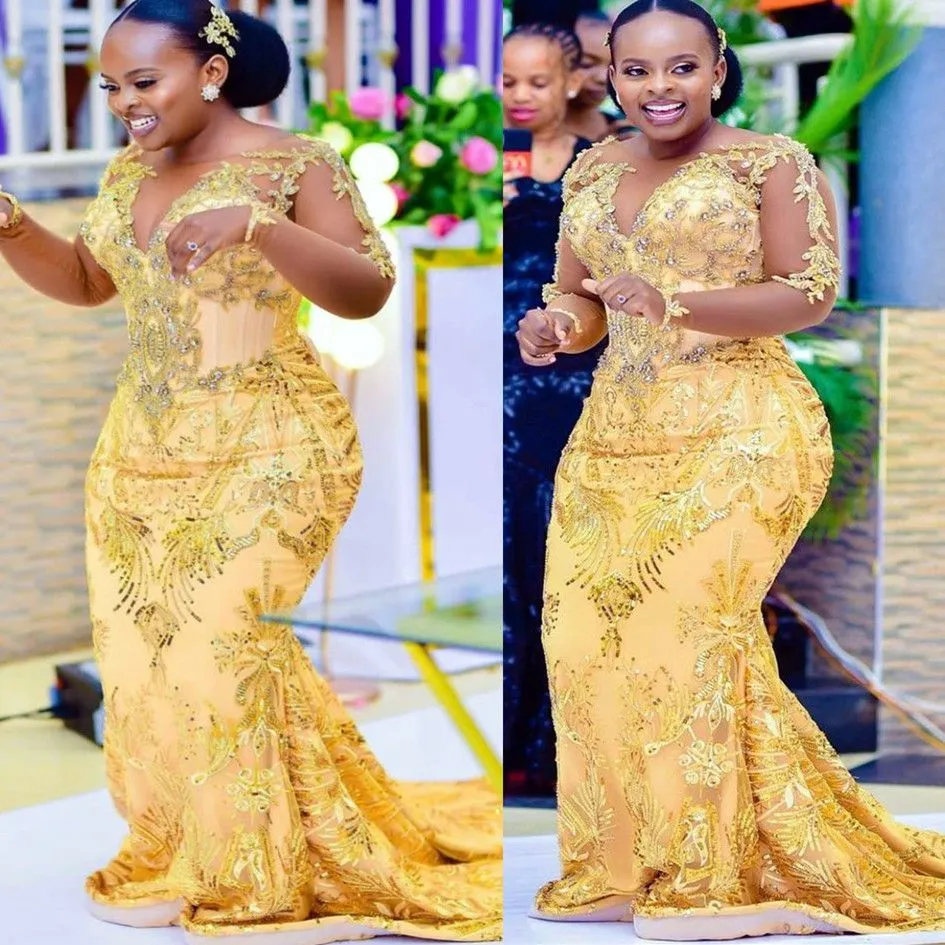 Gold Mermaid Yellow Prom Dresses 2023 With Long Sleeves, Crystals, And Beading Customizable