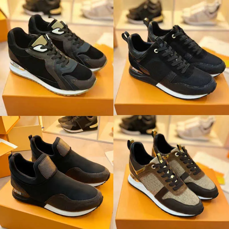 Classic RUN AWAY Woman Real Leather Men Racer Sports Sneakers Women Lace-up Black Brown Flats Casual Trainers Shoes with Box NO12