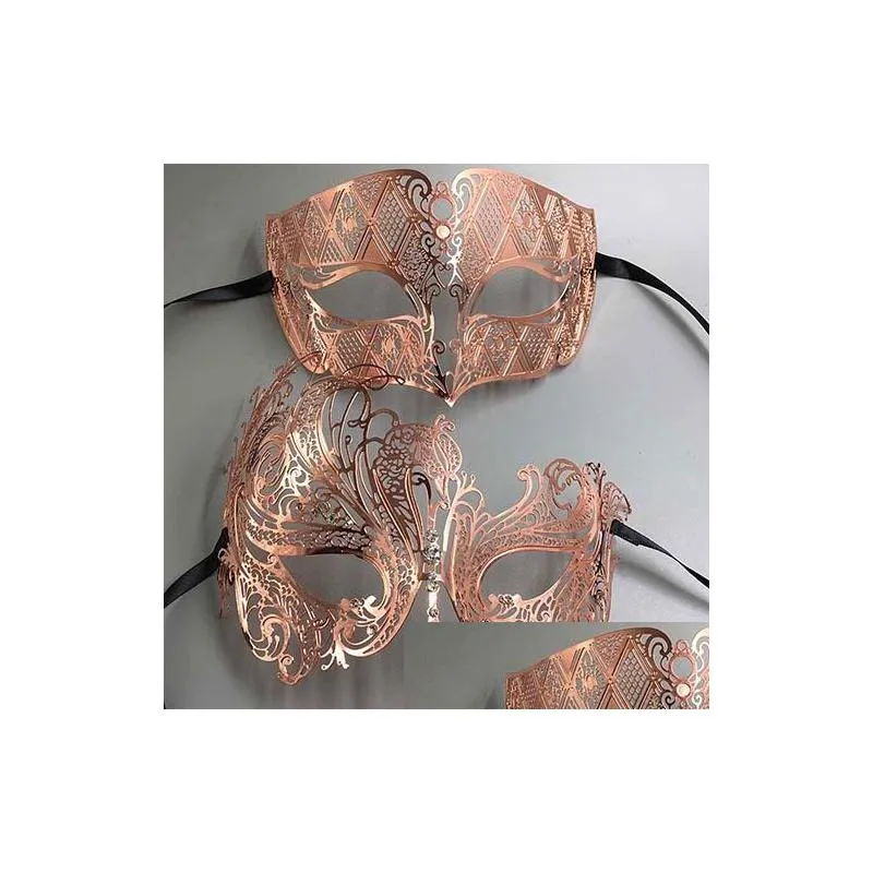 rose gold women men couple pair lover made of light metal laser cut filigree venetian mardi gras masquerade ball prom masks set