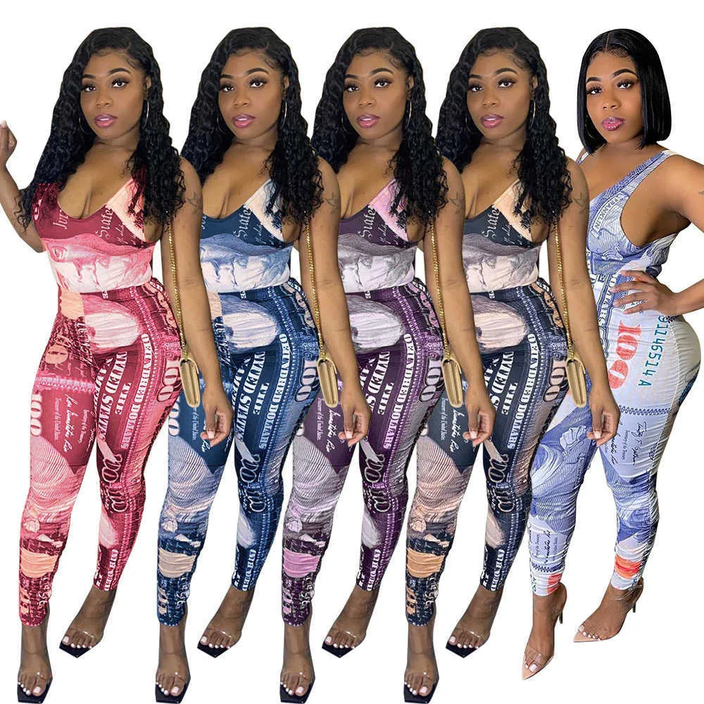 Sexy Money Printed Sets Women Sleeveless Bodysuit And Pants Suits