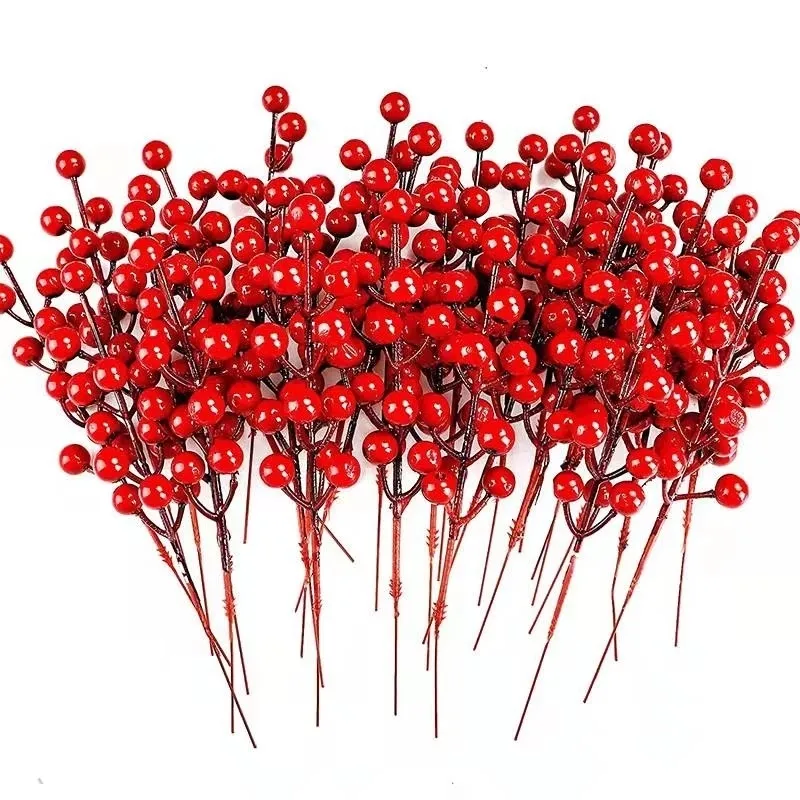 10PCS Chritsmas Decoration Red Berries Simulation Berry Branches Cherry Stamen For Home Xmas New Year Gift Wedding Flower Wreath