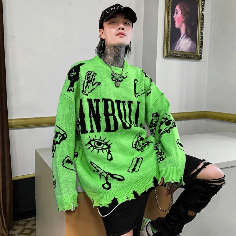 Men's Sweaters Autumn Winter Ripped Hole Punk Hip Hop Sweater Men Red Green Yellow Color Oversized Pullover Korean Style Graffiti Jersey Hombre 221117
