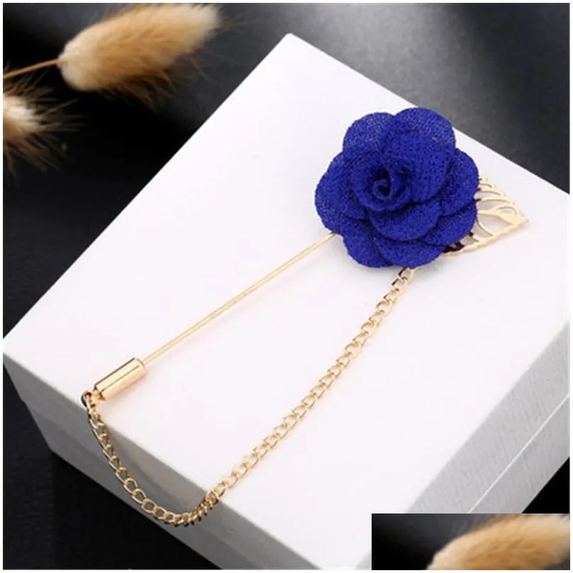 Pins Brooches Pins Brooches Women Men Blue Rose Flower Gold Color Feather Brooch Sweater Suit Coat Accessories For Party Wedding Gi Dhvk5