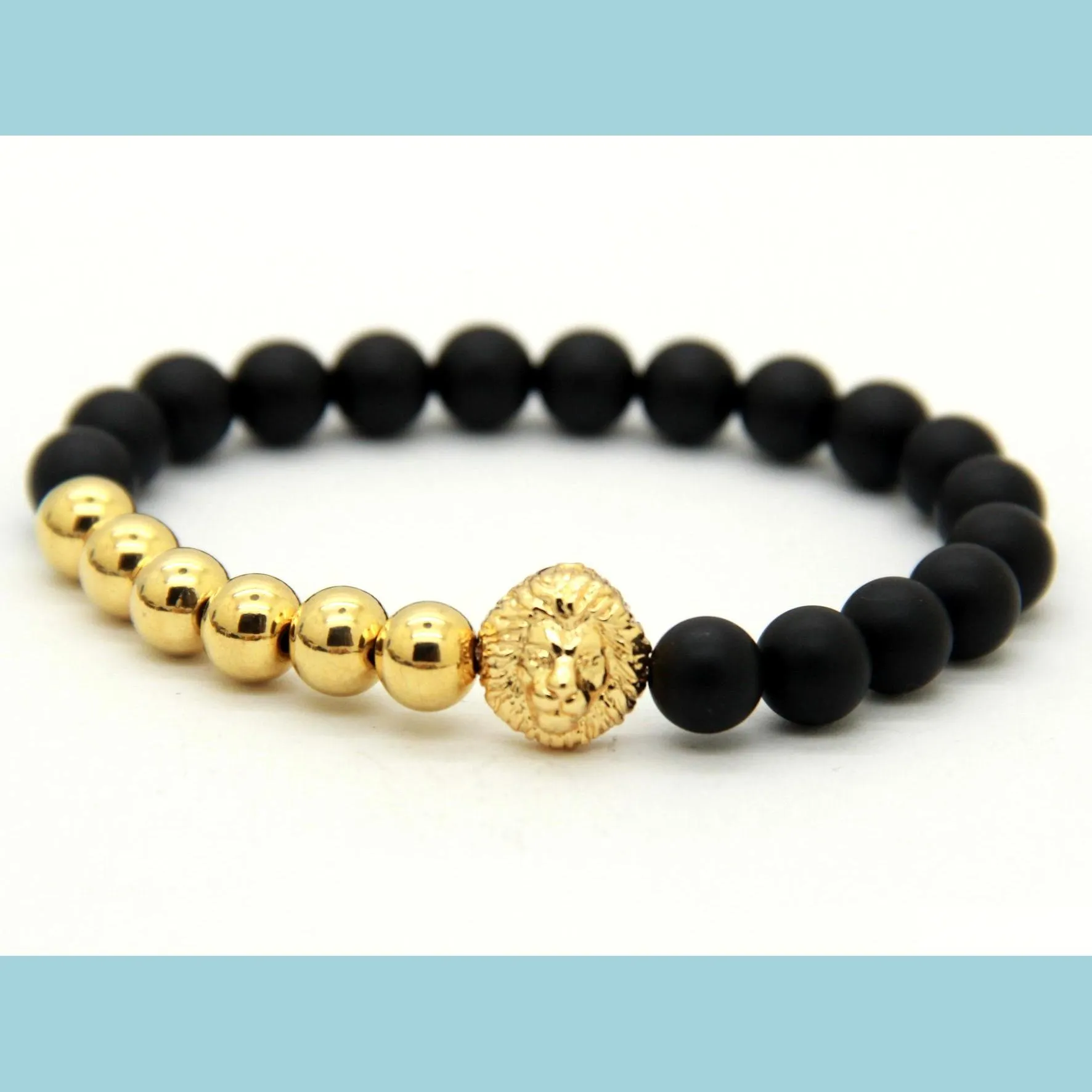 Kralen nieuw ontwerp sieraden groothandel topkwaliteit re￫le vergulde bronzen lion head armband met natuurlijke matte agaatsteenkralen drop dhunn