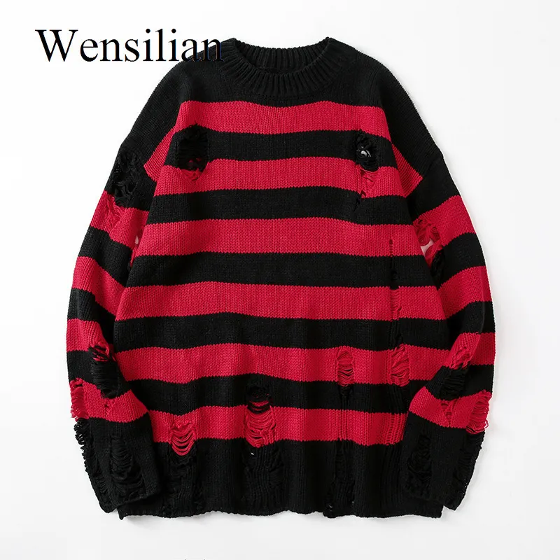 Suéter dos homens Black Stripe Destruído Suéter Rasgado Mulheres Pulôver Buraco Knit Jumpers Oversized Moletom Harajuku Manga Longa Tops 221118