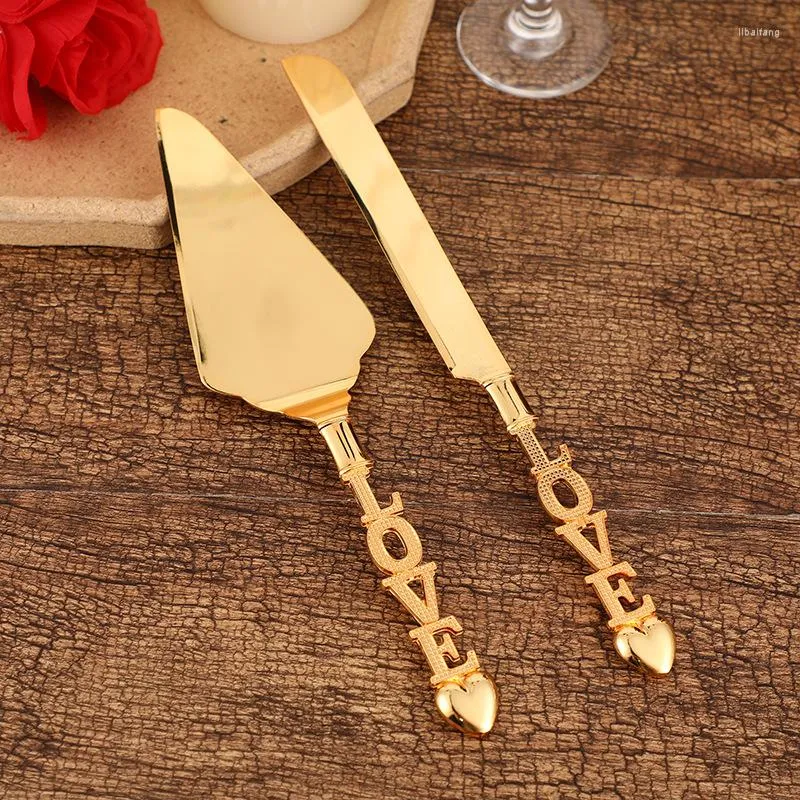 Dinnerware Sets 2pcs Faca de bolo de casamento e servidor Definir serviço de cortador de ouro para casamentos Birthdays Parties Parties Pastry Baking Tools