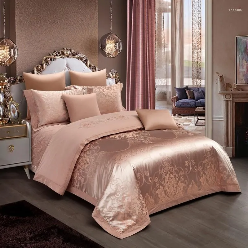 Bedding Sets Champagne Golden Jacquard Cetin como capa de edredão de seda Conjunto de 4pcs de algodão macio de algodão