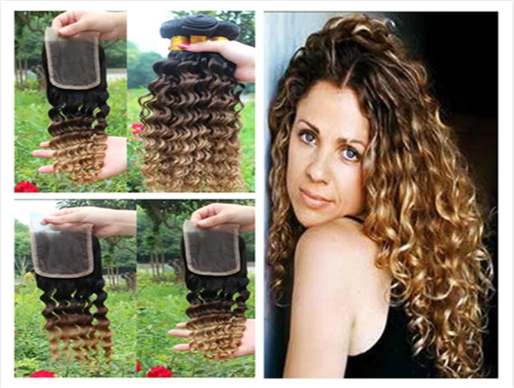 Malaysian Deep Wave Wavy Ombre menschliches Haarverlängerungen 1B 4 27 Ombre Hair Webbündel mit drei Tono -Ombre -Spitzenverschluss 4pcs lot3374955