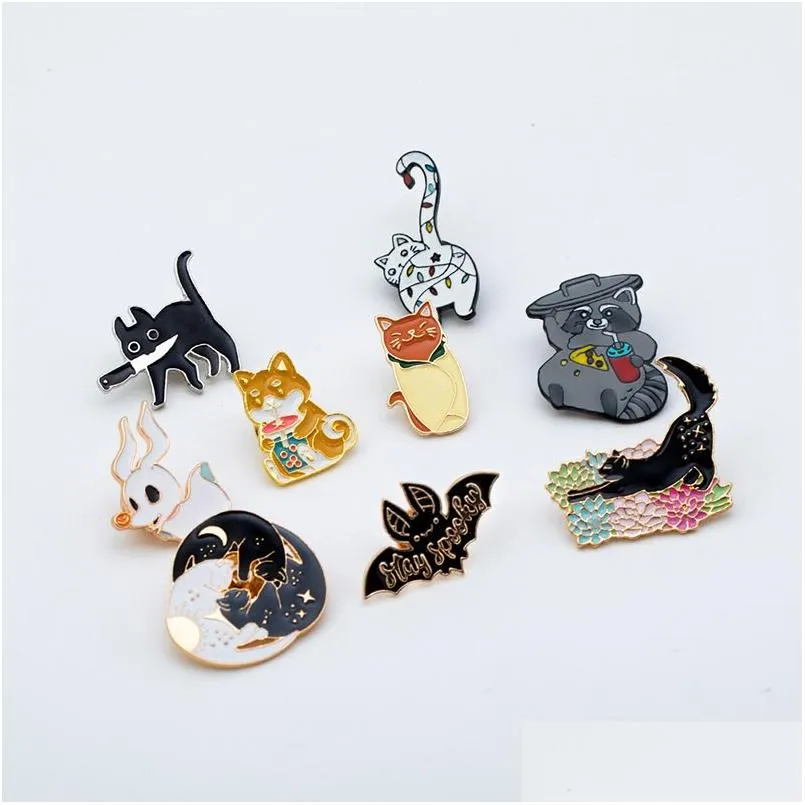 Broches Broches Broche Animal Mignon Pour Femmes Fantaisie Chat Chien Chauve-Souris Émail Dessin Animé Sans Visage En Alliage De Zinc Badge Ensemble 9Pcs Enfants Couple Gi Dhzb3