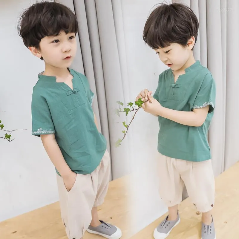 Этническая одежда для мальчиков лето хлопок и льняная вышивка детей с коротким рукавом с коротким рукавом с короткими рукавами.