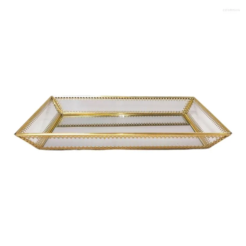 Jewelry Pouches Rectangle Gold Mirror Organizer Tray Glass Metal Makeup For Bathroom