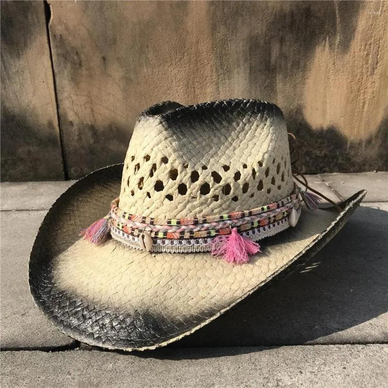 Berets Summer Women Tassel Hollow Western Cowboy Hat Elegant Lady Sombrero Hombre Fascinator Sunbonnet Sun