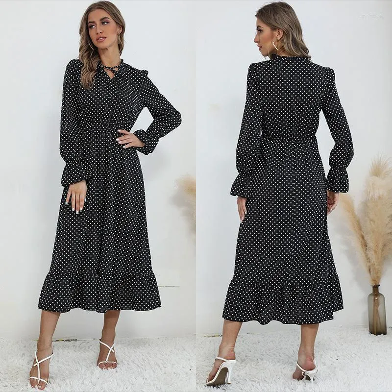 Casual kl￤nningar v￥rens h￶stkl￤der f￶r kvinnor l￥ng￤rmad smal a-line kausal maxi kl￤nning 2022 mode dot tryckt robe longue femme vestido