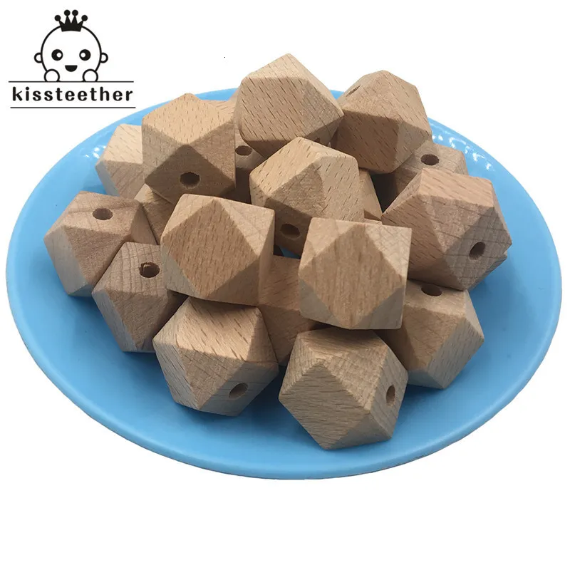 Bebé mordedores juguetes de alta calidad facetado haya cuentas de madera 100 unids 1020 mm inacabado figura geométrica natural polígono cuentas de madera para bricolaje mordedor 221119