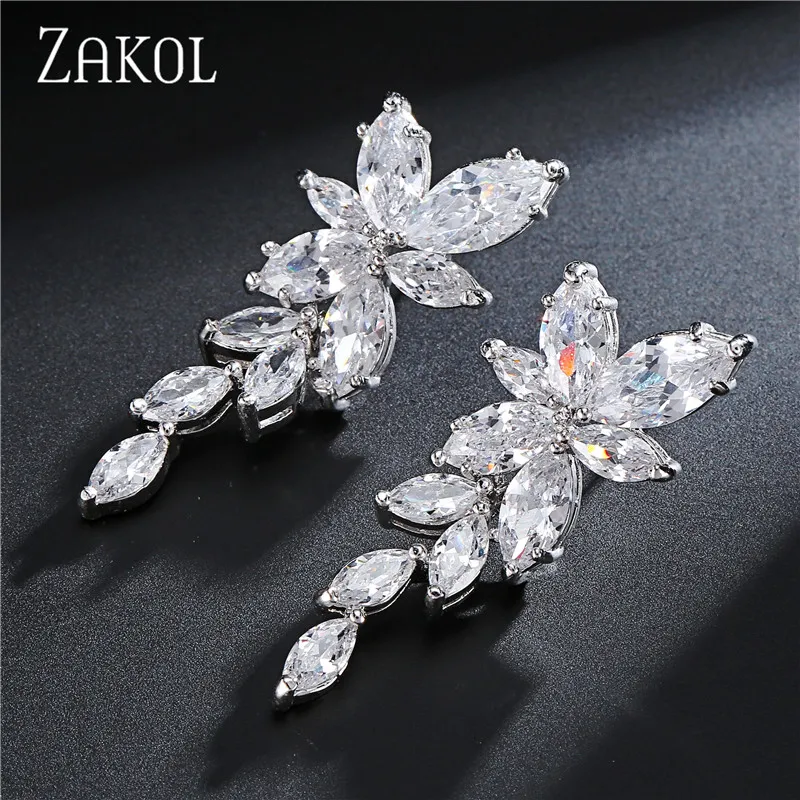 Marquise Cut Cluster Flower Enring Zirconia Crystal Long Dangle Drop أقراط لائحة الزفاف الزفاف للنساء