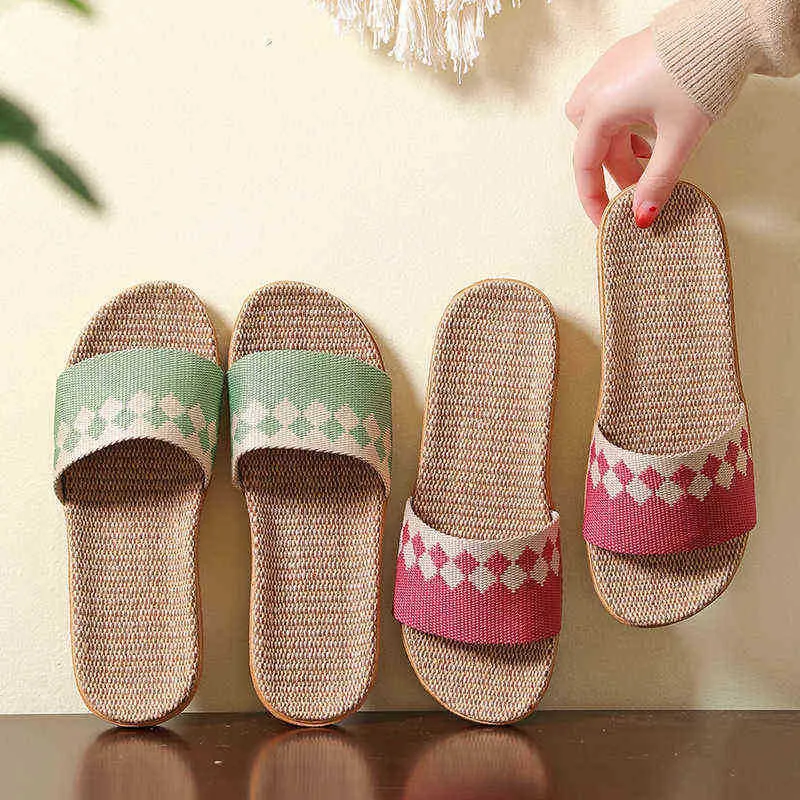 Kvinnliga män blockerar linne inomhus och utomhushem trägolvplattor Anti Summer Four Seasons Linen Open Toe Straw Slippers J220716