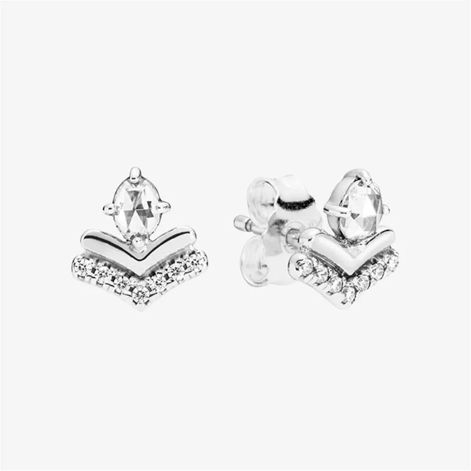 CZ Diamond Tiara Wishbone Stud Earrings 여성 결혼 선물 925 스털링 실버 이어링 상자 세트 250e