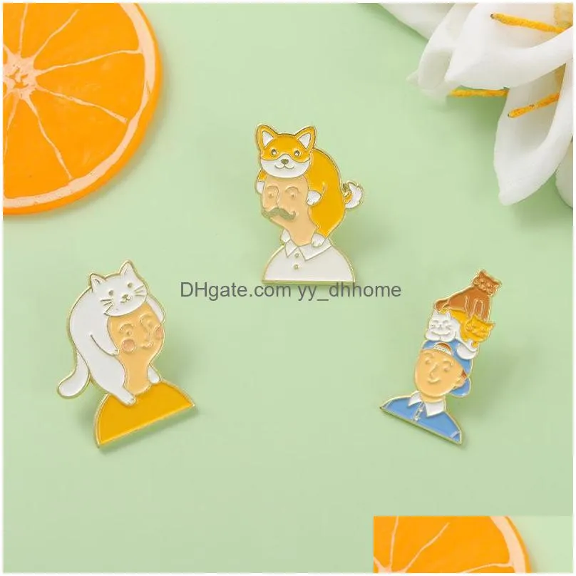 Pins Brooches Cartoon Animal Brooch Pins 3Pcs/Set Cute Warm Picture Of Cats And Humans Brooches For Women Enamel Pin Jewelry Metal Dh0Nj