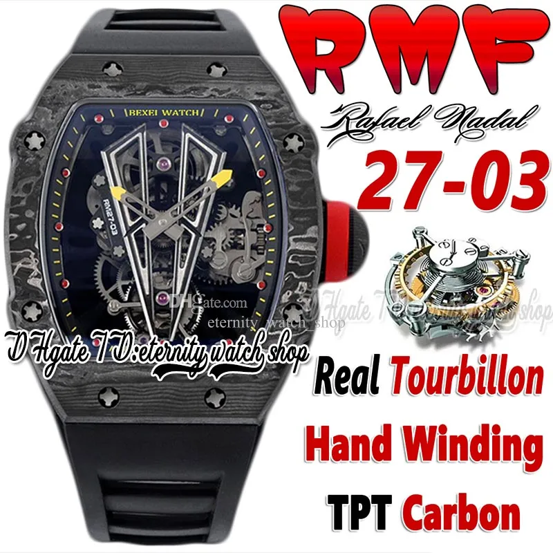 RMF YSF27-03 MENS Watch Real Tourbillon Mechanical Ręka kręta Czarne TPT Wszystkie włókno węglowe szkielet szkielet czarny gumowy pasek Super Edition Sport Eternity Watches