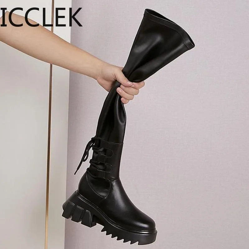 Boots Sexy Leather Thigh High Women Heels Over The Knee for Round Toe Party Long Shoes Cross-tied 221119