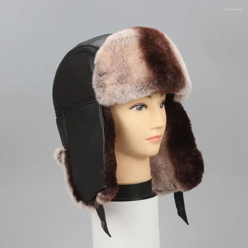 Berets Winter Rex Bur Hat Real Sheepskin Cap Top oorklapbescherming Winddicht Ski Dikke Warm Fall Unisex Russische Sovjet