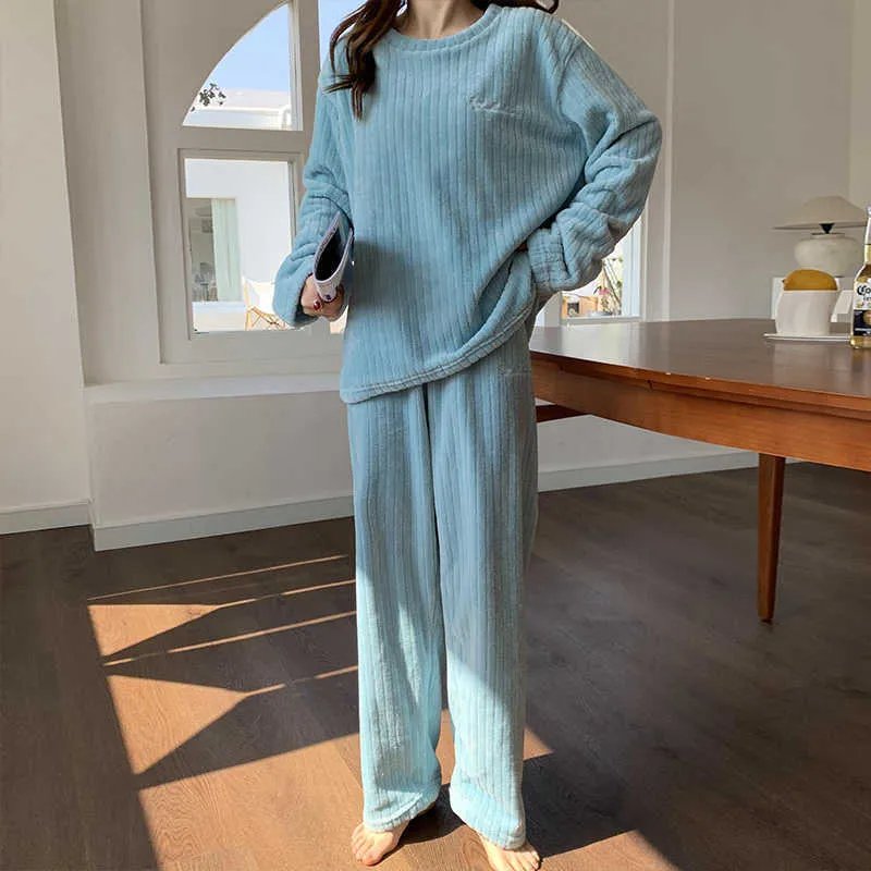 Women's Sleep Lounge Autumn Winter Warm Flannel Women Pyjamas Sets Thick Long Sleeve Soild Sleepwear Pajamas Set Home Clothing Suit Homewear T221017